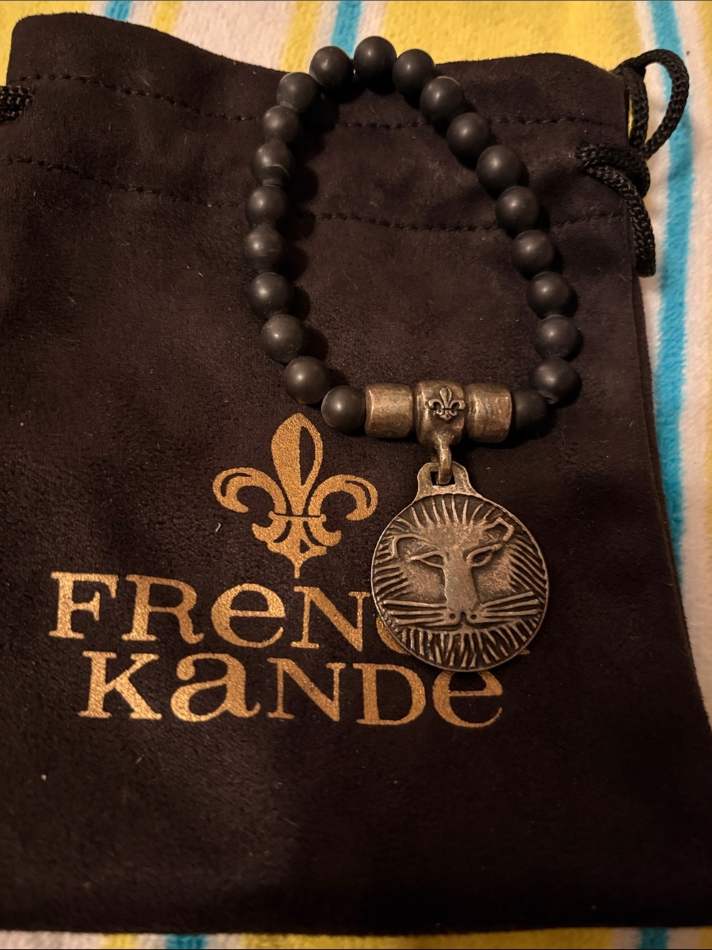 FREN KANDE Matte Black Beaded Bracelet with Lion Medallion